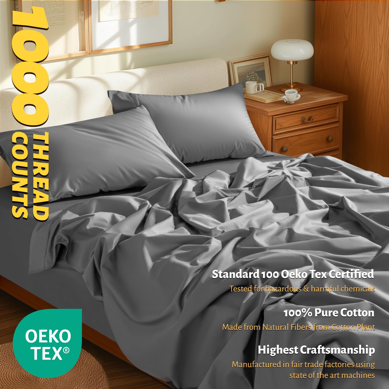 Shilucheng 100% Egyptian Cotton Sheets Set - 1000 Thread Count,Luxury Cotton Bed Sheets,Breathable & Cooling Bedding And Pillow Cases, 16 Inch Deep Pocket - 4 Piece (California King, Grey)